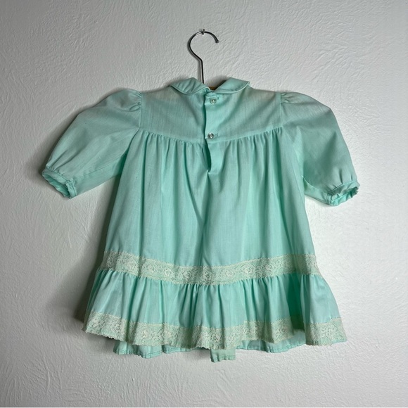 Vintage Polly Flinders Green Hand Smocked Lace Trim Circle Dress Size 2 Toddler - Picture 8 of 12